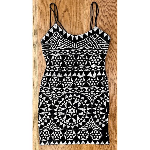 Vintage Heavily Beaded 100% Silk Mini Tank Dress Black White‎ Riazee Boutique Sm
